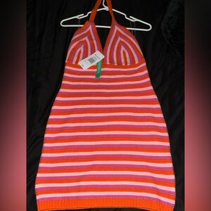 Stitch & Pine Striped Crochet Halter Dress in Orange and Pink
